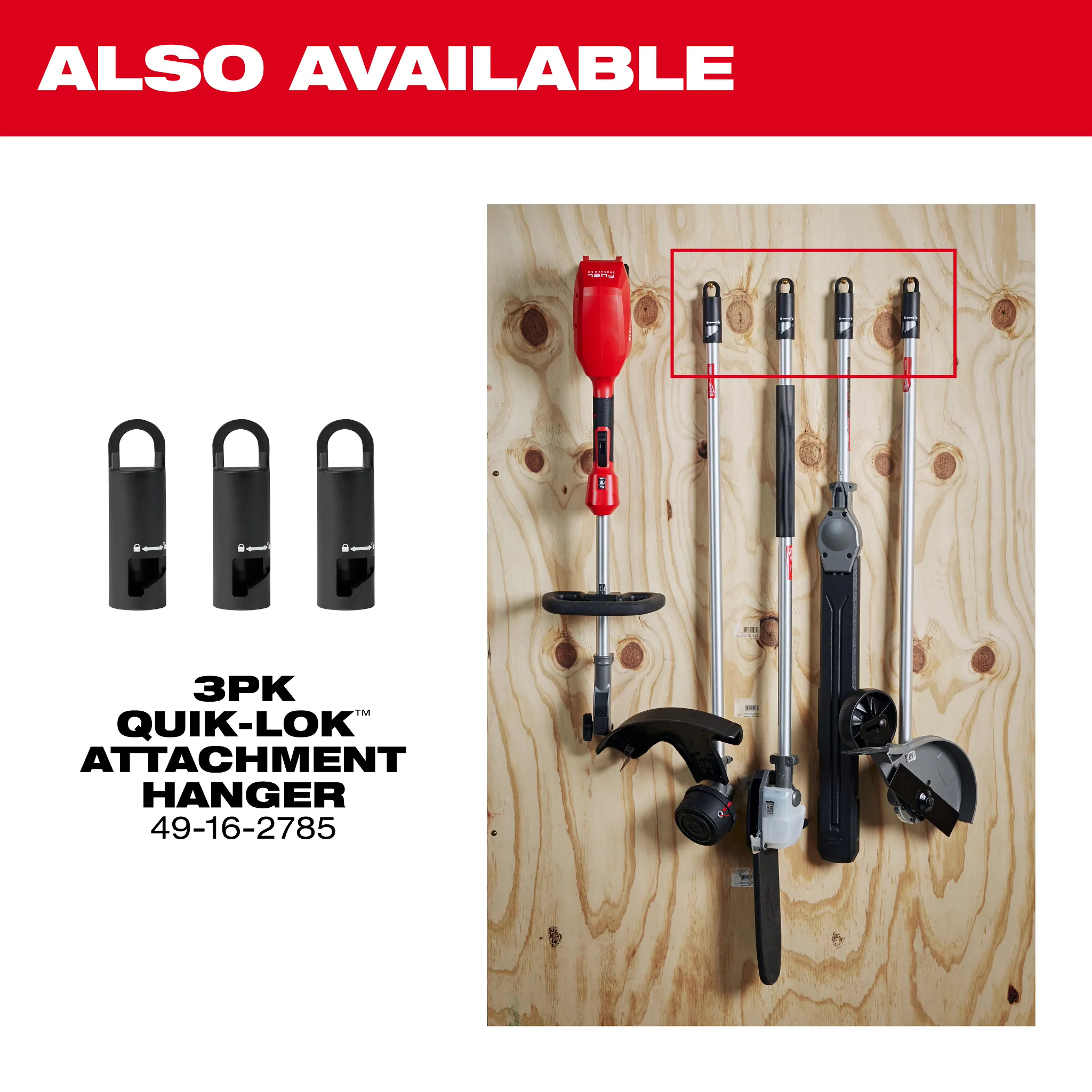 QUIK-LOK 16” String Trimmer Attachment, QUIK-LOK Edger Attachment, and other QUIK-LOK attachments hanging on a wood wall