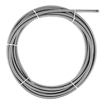 Coiled drain cleaning cable for use with plumbing snake machines, intended for clearing clogs in pipes and drains.