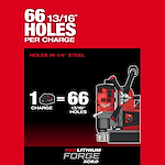 The image shows the M18 FUEL™ 1-1/2" Lineman Magnetic Drill High Demand™. It highlights that the drill can make 66 holes of 13/16" per charge in 1/4" steel, powered by the REDLITHIUM™ FORGE XC8.0 battery. The background is red and black.