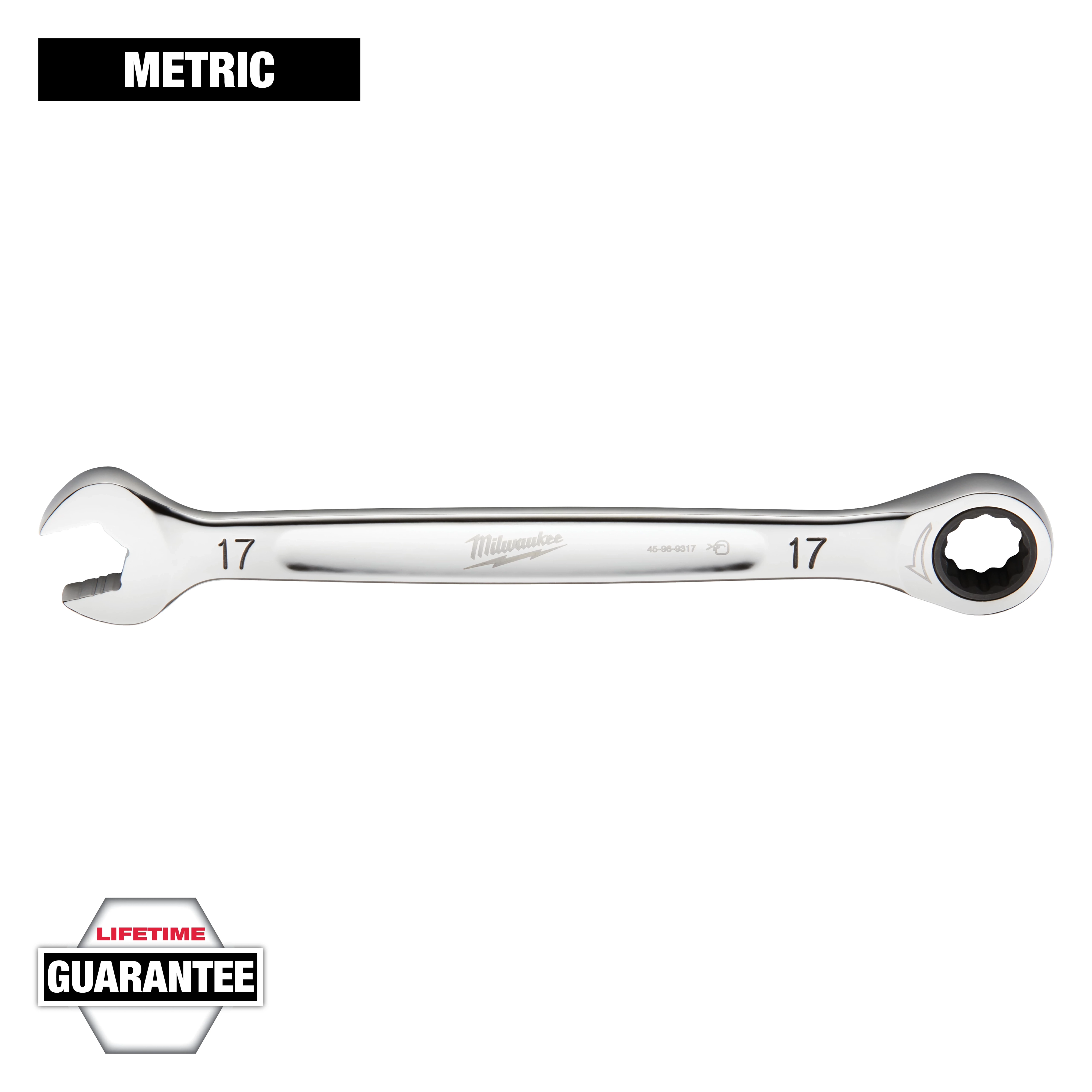 A 17 mm Milwaukee combination wrench with a polished chrome finish is displayed. It features a lifetime guarantee and is part of the metric tool series.