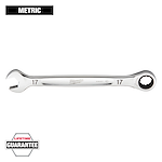 A 17 mm Milwaukee combination wrench with a polished chrome finish is displayed. It features a lifetime guarantee and is part of the metric tool series.