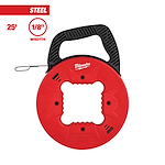 25' Steel Fish Tape with 1/8" width, featuring a red plastic housing and a black ergonomic handle for easy use.