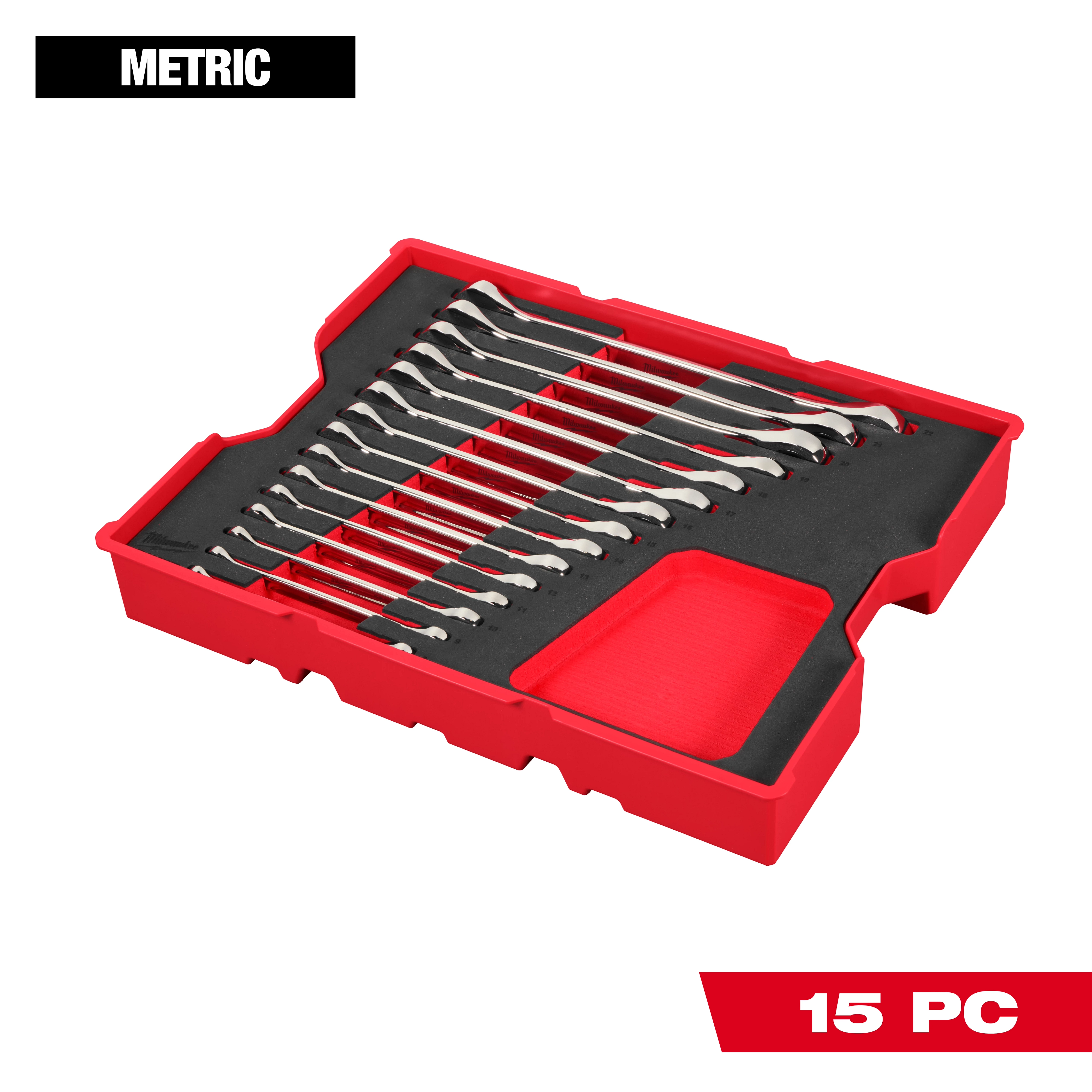 The 15pc Metric Ratcheting Combination Wrench Set with Tray for PACKOUT™ Drawers includes 15 wrenches organized in a red tray. Each wrench fits securely in its designated slot, and the tray also features an additional compartment for storage. The set is labeled as "Metric" and "15 PC."