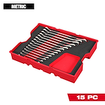The 15pc Metric Ratcheting Combination Wrench Set with Tray for PACKOUT™ Drawers includes 15 wrenches organized in a red tray. Each wrench fits securely in its designated slot, and the tray also features an additional compartment for storage. The set is labeled as "Metric" and "15 PC."