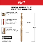 5/16 in. Cobalt Red Helix Twist Drill Bit features a Quad Edge tip for longer sharpness, Variable Helix geometry for faster material removal, and a thicker tapered web for increased strength. It also includes a Secure-Grip design to prevent slipping in the chuck.