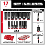 The SHOCKWAVE Impact Duty 3/8 in. Drive SAE Deep Well Impact PACKOUT Socket Set 17 Piece includes 14 drive deep sockets, a 3-inch extension, a universal joint, a socket adapter, an impact socket tray, and a compact organizer.