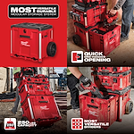 The Hover Image shows a red Milwaukee Packout modular storage system with quick one-handed opening, a 250 lbs capacity, and versatile dividers.