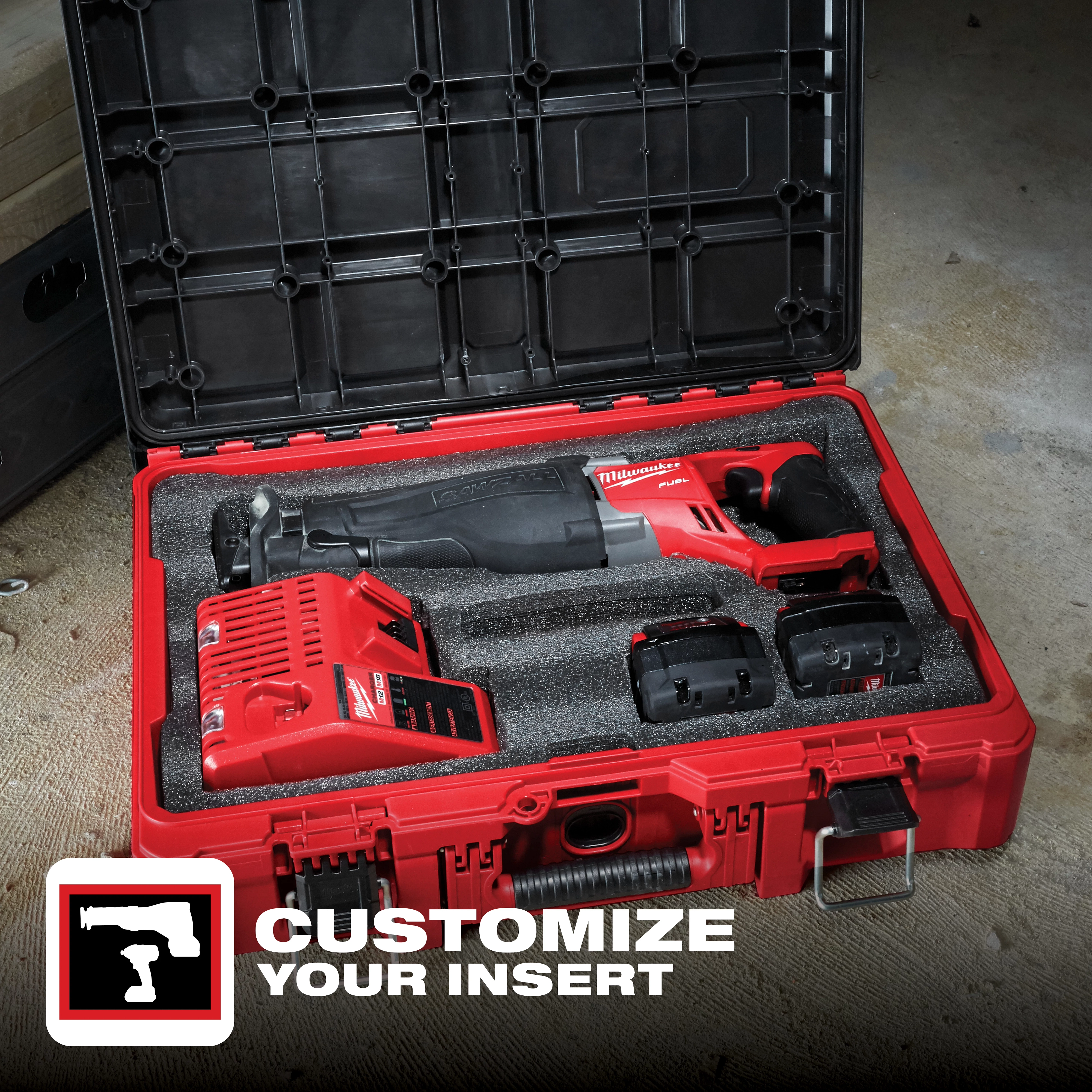 Red carrying case containing power tool, charger, and batteries with a Customizable Foam Insert. Text reads "Customize Your Insert."