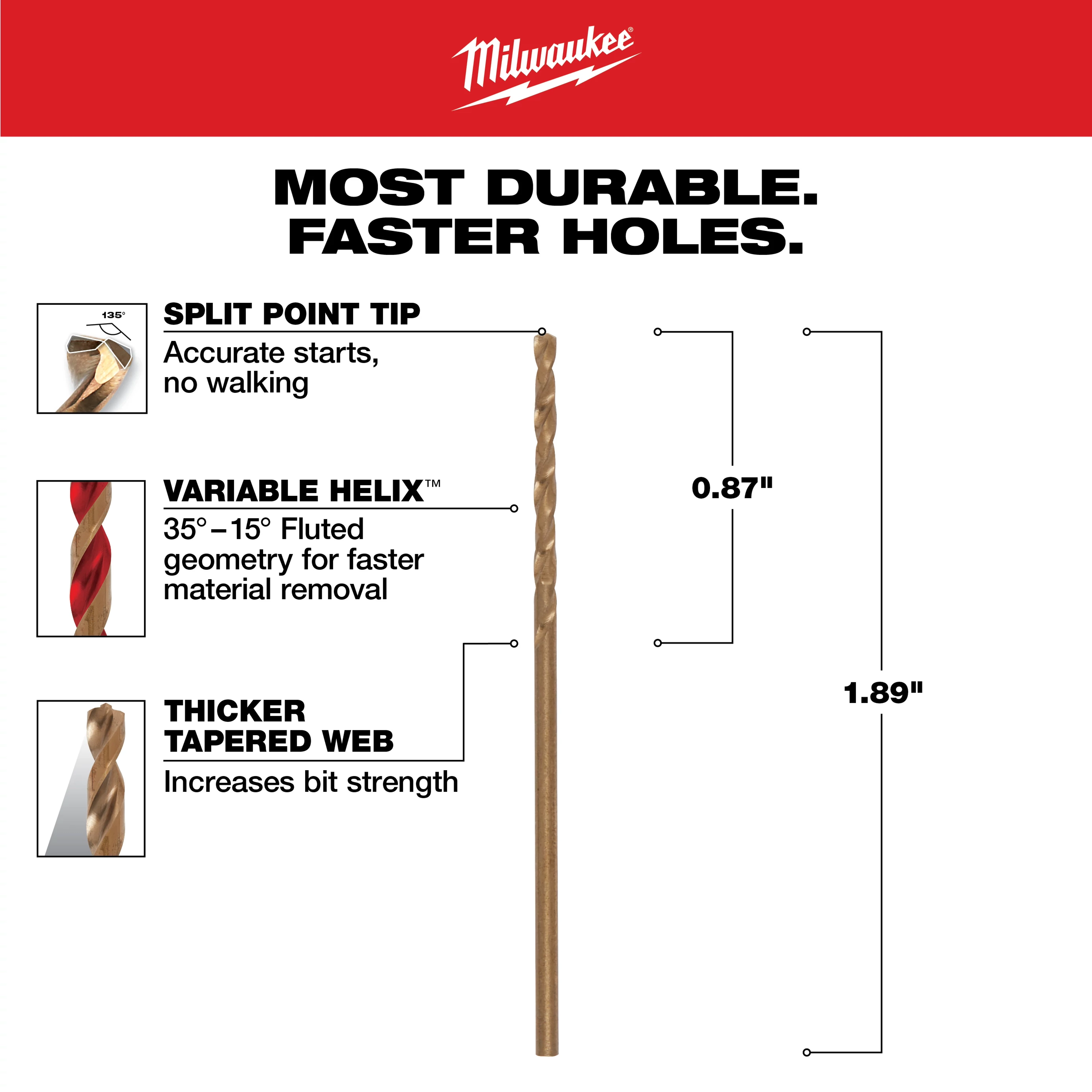The 1/16 in. Cobalt Red Helix Twist Drill Bit features a split point tip for accurate starts, a variable helix for faster material removal, and a thicker tapered web for increased strength. The bit measures 0.87 inches in length with a total length of 1.89 inches.