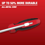 The image shows a Mechanic%20Hand%20Tools screwdriver with a red and black handle, featuring an all-metal core. The text above states "Up to 50% More Durable".