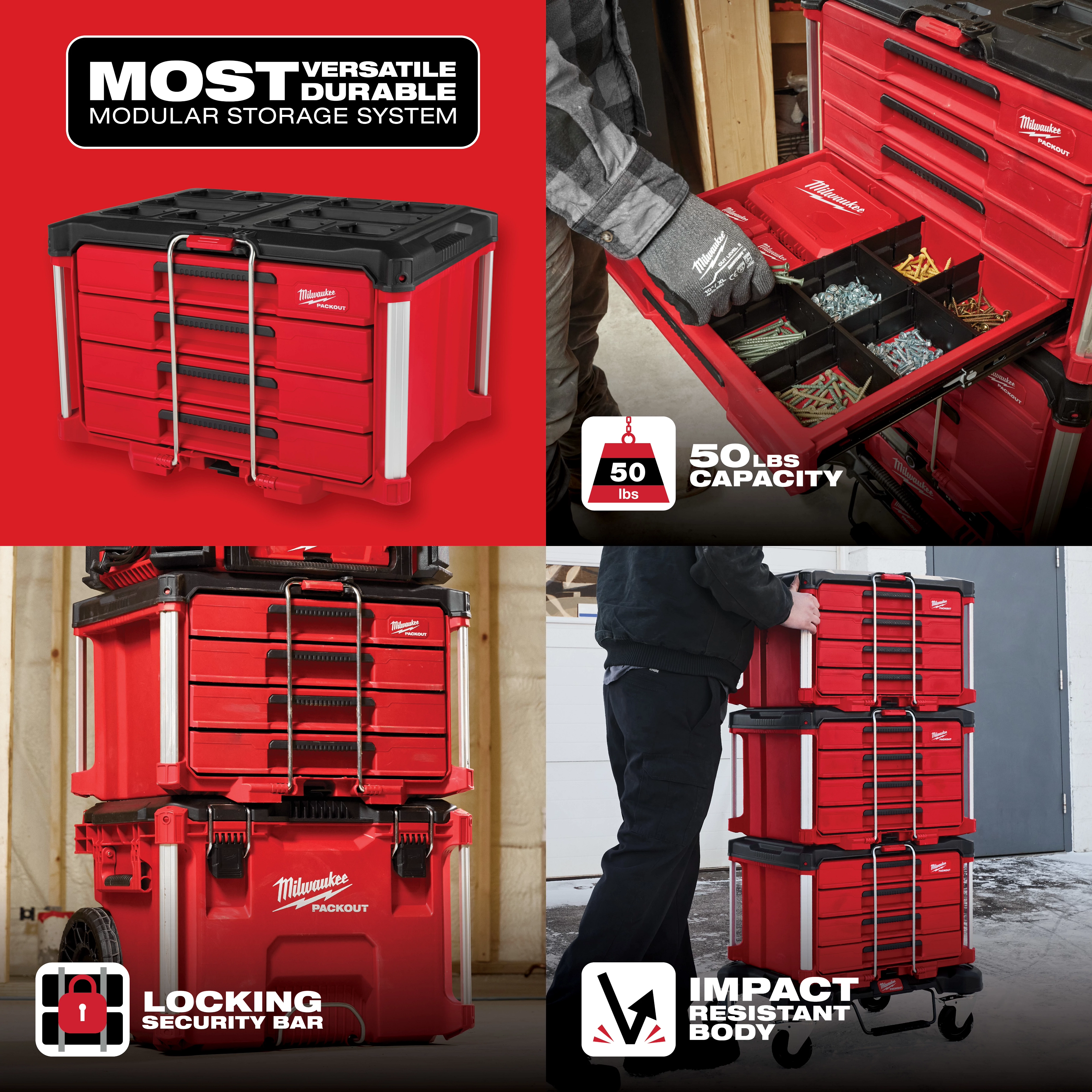 PACKOUT 4 Drawer Tool Box with 50 lbs capacity, locking security bar, and impact-resistant body, promoting modular storage system.