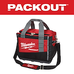 Milwaukee PACKOUT tool bag in red and black with gray handles, featuring a zippered top, shoulder strap, and Milwaukee logo.