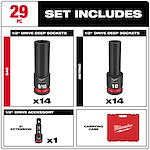 Milwaukee 29-piece 1/2" drive deep socket set includes 14 SAE sockets, 14 metric sockets, a 3" extension, and a red carrying case with the Milwaukee logo.