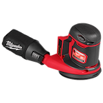 The M18™ Random Orbit Sander is a cordless, handheld tool with a black and red body. It includes a dust collection bag and features ergonomic design elements for user comfort. The sander is branded with Milwaukee on the dust bag.