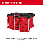 The 366pc. Master Mechanics Hand Tool Set with PACKOUT™ Drawers and Dolly fits into PACKOUT™ 4-Drawer, 3-Drawer, 2-Drawer, and Multi-Depth 3-Drawer Tool Boxes. There are four red and black tool boxes shown, each with varying drawer configurations.