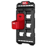 Milwaukee Packout Compact Wall Plate with a black frame and a red storage bin attaches to a wall for organizing tools.