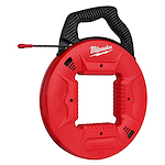 Milwaukee 50' Polyester Fish Tape with Non-conductive Tip is shown. The product has a red circular case and black handle.
