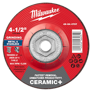 4-1/2" x 1/4" x 5/8"-11 Ceramic+ Metal Grinding Wheel - Type 27 with red label, used for grinding metal and stainless steel.