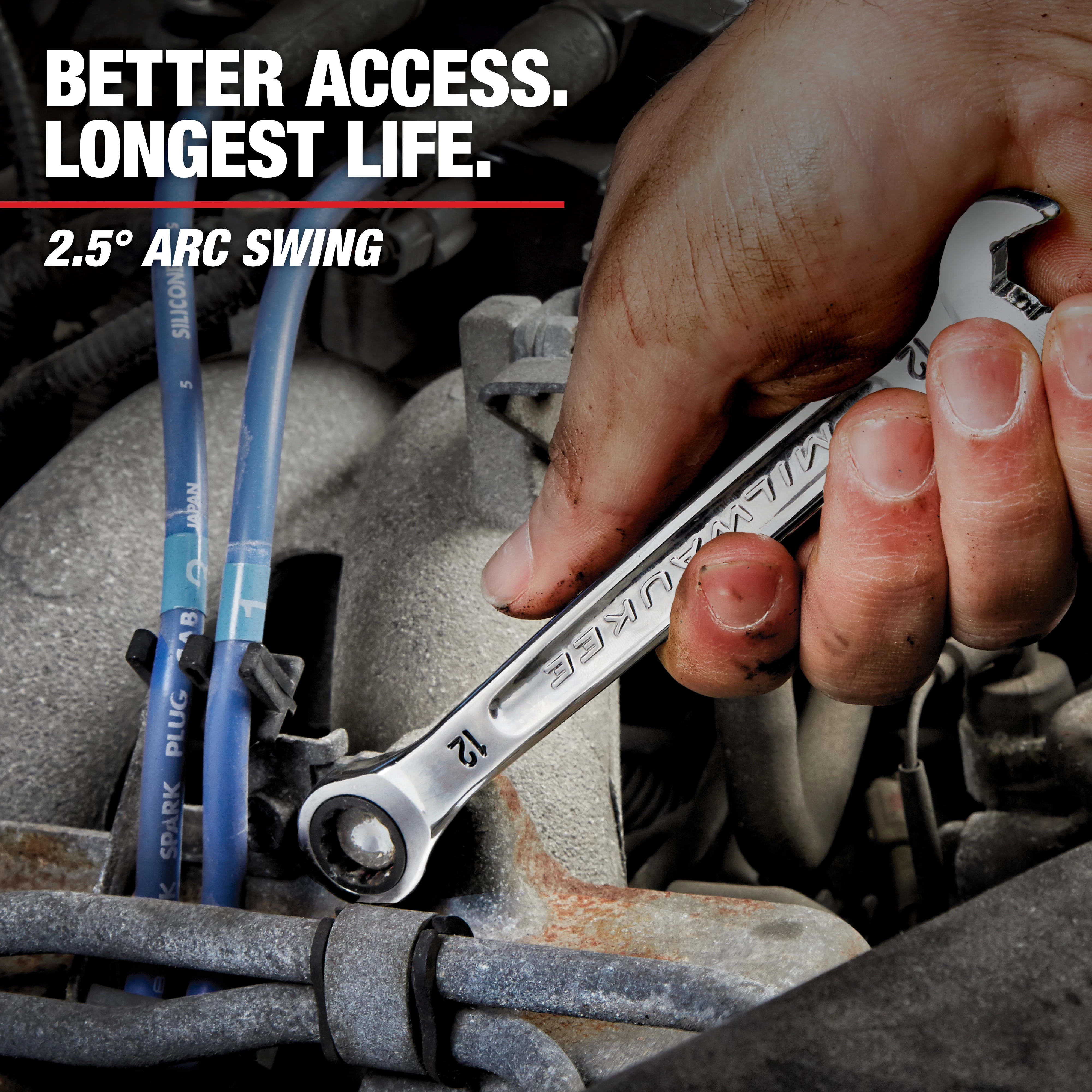 A close-up view of a hand using a 'Mechanic Hand Tools' ratcheting wrench on an engine component. The tool promotes better access and longest life with a 2.5° arc swing.