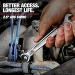A close-up view of a hand using a 'Mechanic Hand Tools' ratcheting wrench on an engine component. The tool promotes better access and longest life with a 2.5° arc swing.