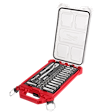 A red tool case with a transparent cover, containing a variety of socket wrenches and a ratchet wrench. The case is opened, revealing an organized set of tools in individual slots. The case has a handle and metal clasps on both sides.