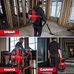 The M18 FUEL™ 3-in-1 Backpack Vacuum is shown in various usage modes: worn as a backpack, hung on a structure, and carried by hand. The vacuum is red and black, designed for versatility in different cleaning environments, as demonstrated in construction and maintenance settings.