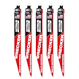 The image displays five WRECKER™ with NITRUS™ Carbide SAWZALL® blades for multi-material cutting. These blades feature a black and red design with the American flag in the top corner and text indicating “NITRUS™ Carbide” and “Multi-Material.” Each blade has aggressive teeth for efficient cutting.