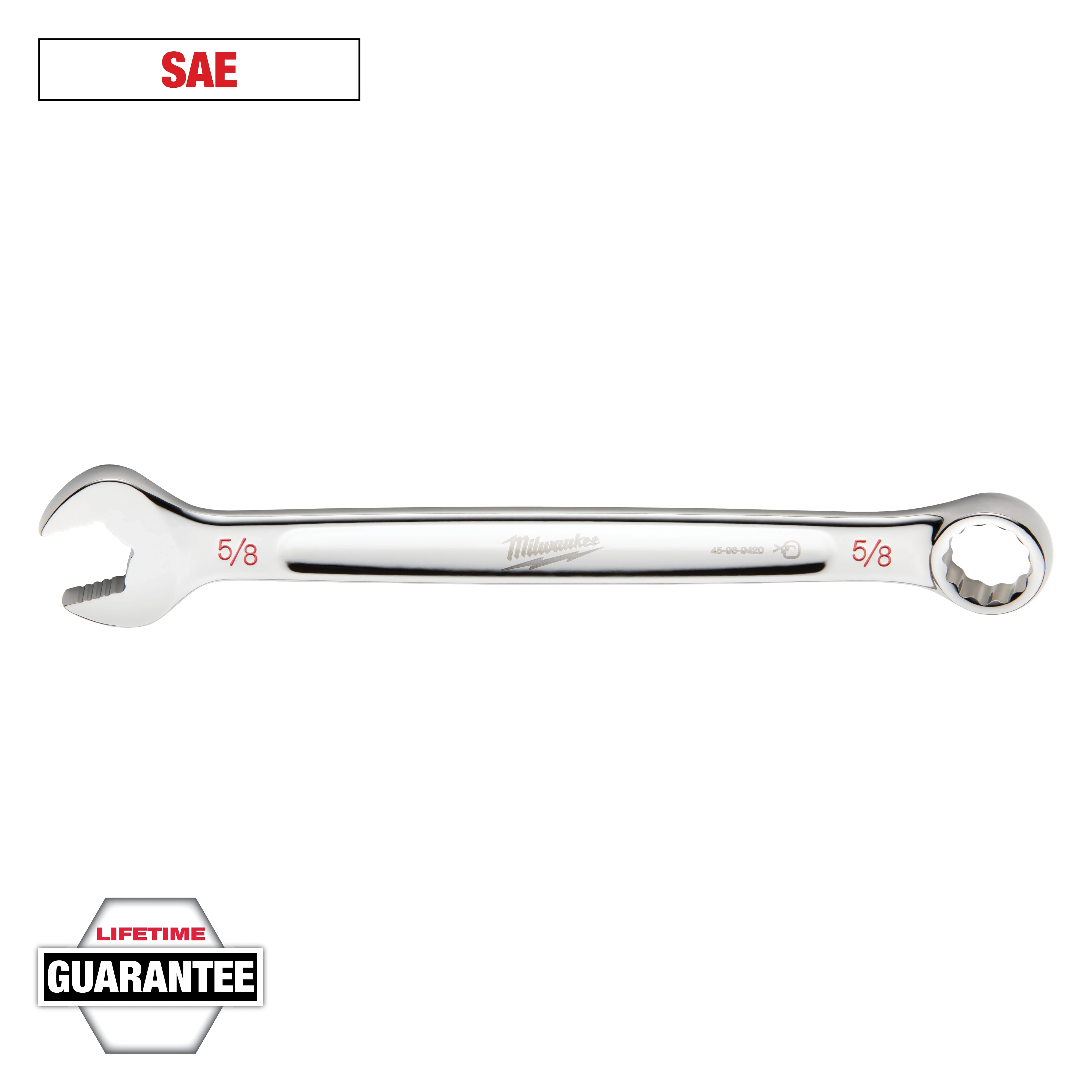 This image shows a Milwaukee 5/8 SAE combination wrench with an open-end and a boxed-end highlighted in red. The tool is meant for turning bolts and nuts. A "Lifetime Guarantee" badge is displayed at the bottom left corner of the image.