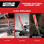 Nitrus Carbide Also Available saw blades are displayed for cutting multi-material, medium metal, and thick metal. The image includes product codes for each type: 48-00-5272 for multi-material, 48-00-6252 for medium metal, and 48-00-5262 for thick metal. Brand slogan reads: "Fastest Cutting. Longest Life."