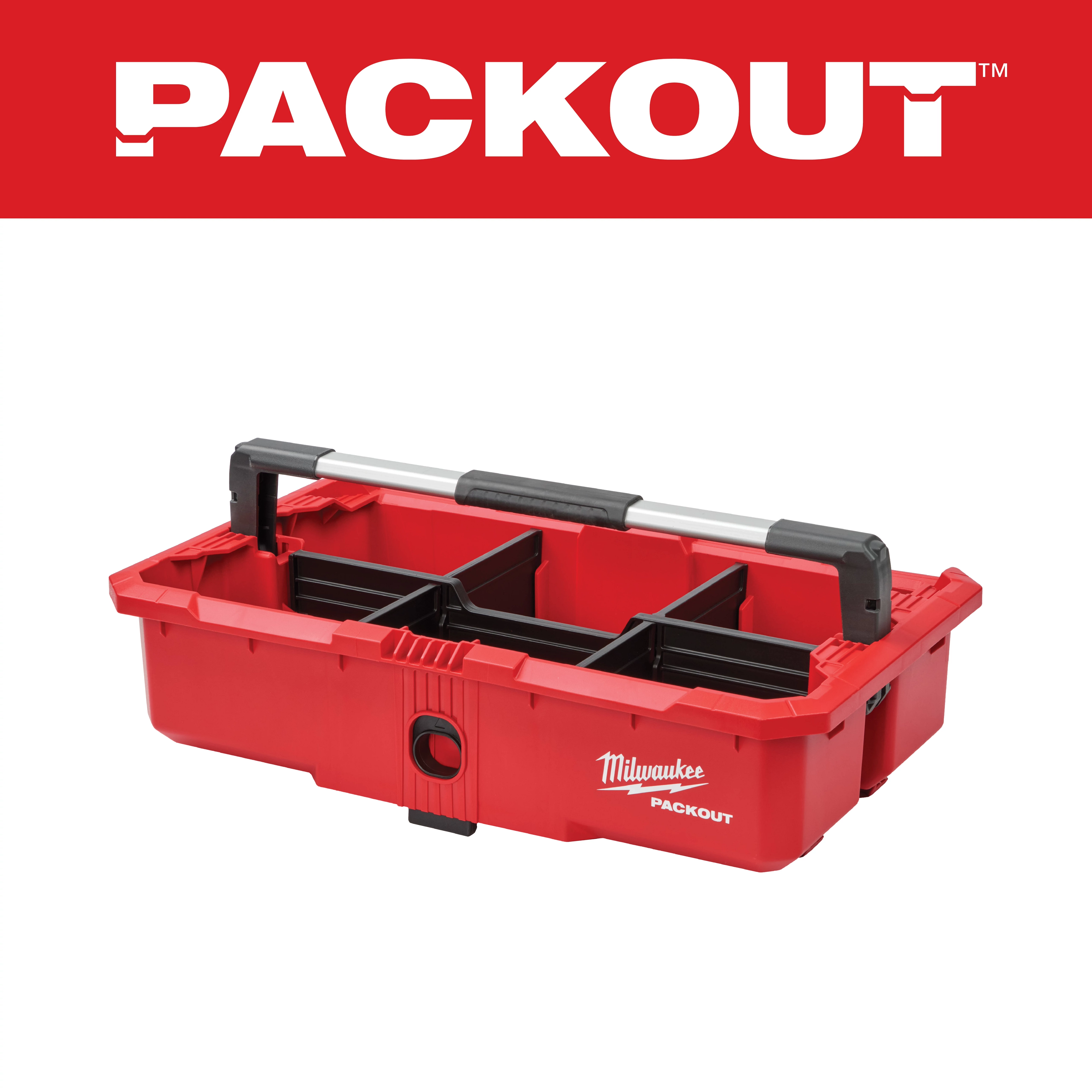 Milwaukee Packout Toolbox, red plastic with black compartments and a metal handle, shown under a red banner with "PACKOUT" text.