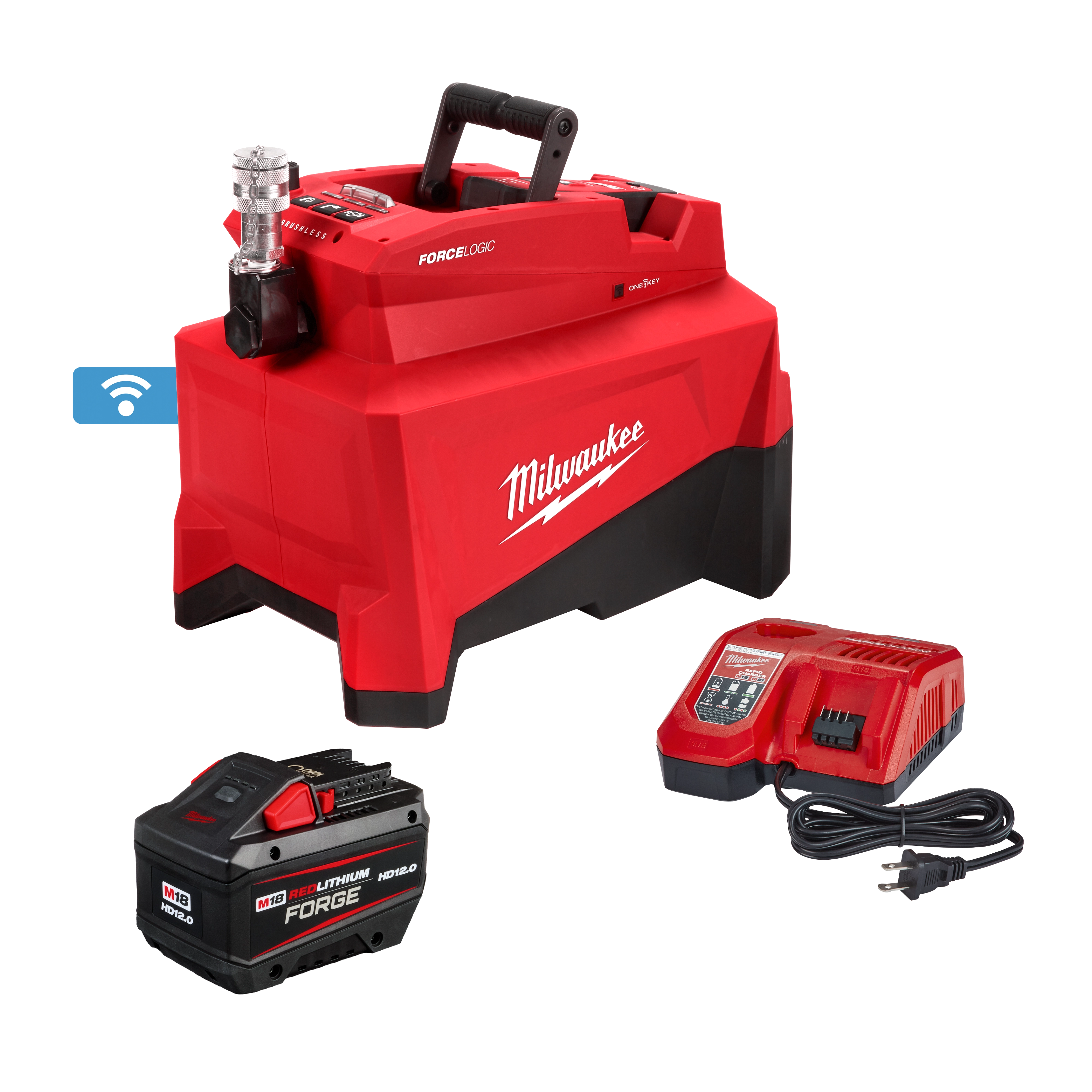 Image of the M18™ FORCE LOGIC™ 10,000psi Hydraulic Pump Kit by Milwaukee. The kit includes a red and black hydraulic pump, a battery pack, and a battery charger. The pump has a handle on top and visible connectors.

