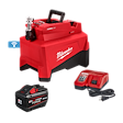 Image of the M18™ FORCE LOGIC™ 10,000psi Hydraulic Pump Kit by Milwaukee. The kit includes a red and black hydraulic pump, a battery pack, and a battery charger. The pump has a handle on top and visible connectors.

