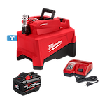 Image of the M18™ FORCE LOGIC™ 10,000psi Hydraulic Pump Kit by Milwaukee. The kit includes a red and black hydraulic pump, a battery pack, and a battery charger. The pump has a handle on top and visible connectors.

