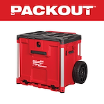 Milwaukee Packout red rolling storage box with black top, featuring a handle and large wheels. The Packout logo is on the front.