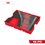 15pc. SAE Combination Wrench Set with Tray for PACKOUT™ Drawers includes 15 silver wrenches neatly organized in a custom red tray. The tray is designed to fit PACKOUT™ storage drawers, with a designated space for each wrench and an additional compartment.