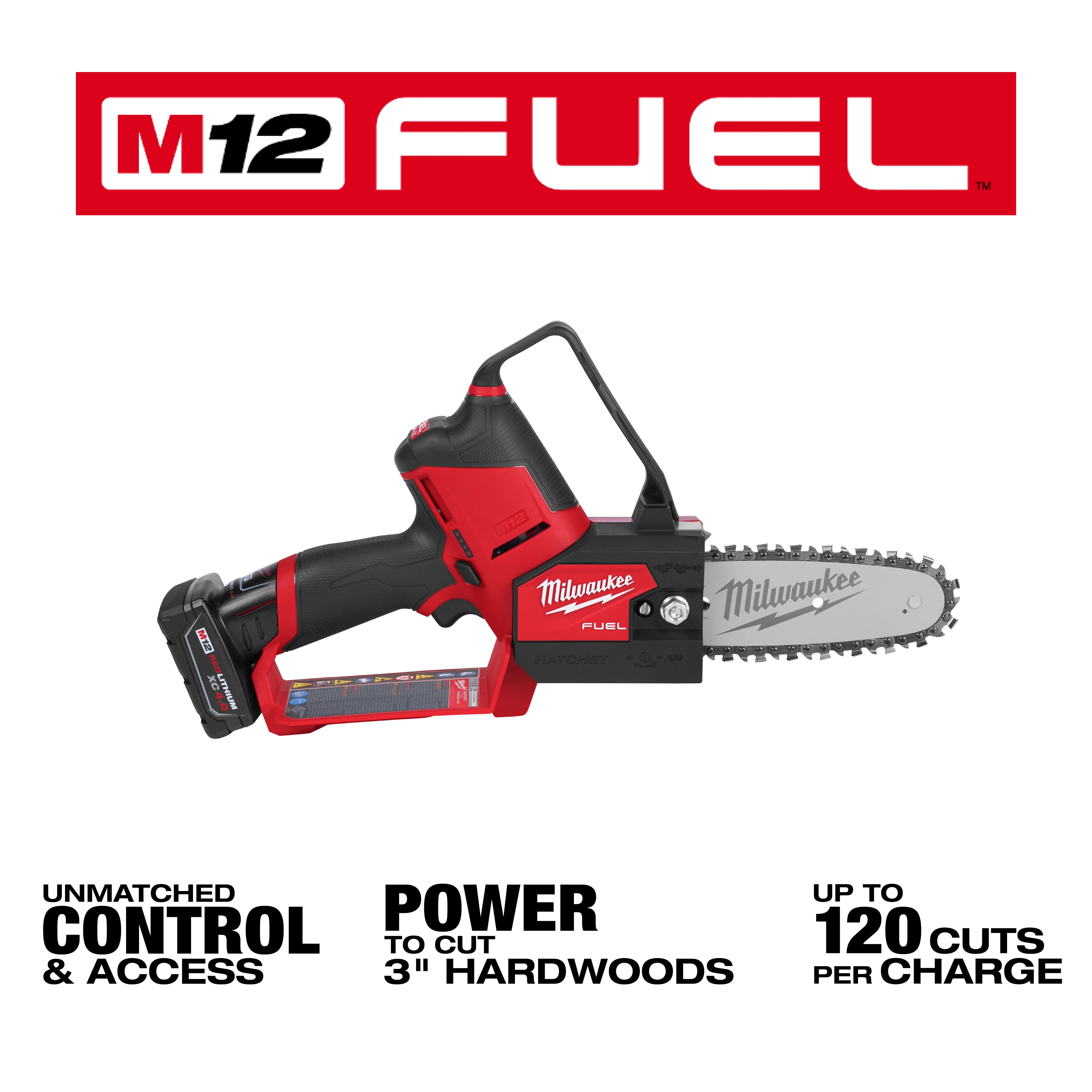 The image features an M12 FUEL™ HATCHET™ 6" Pruning Saw by Milwaukee, highlighting its red and black design. Text emphasizes "Unmatched control & access," "Power to cut 3" hardwoods," and "Up to 120 cuts per charge." The M12 FUEL™ logo appears at the top.