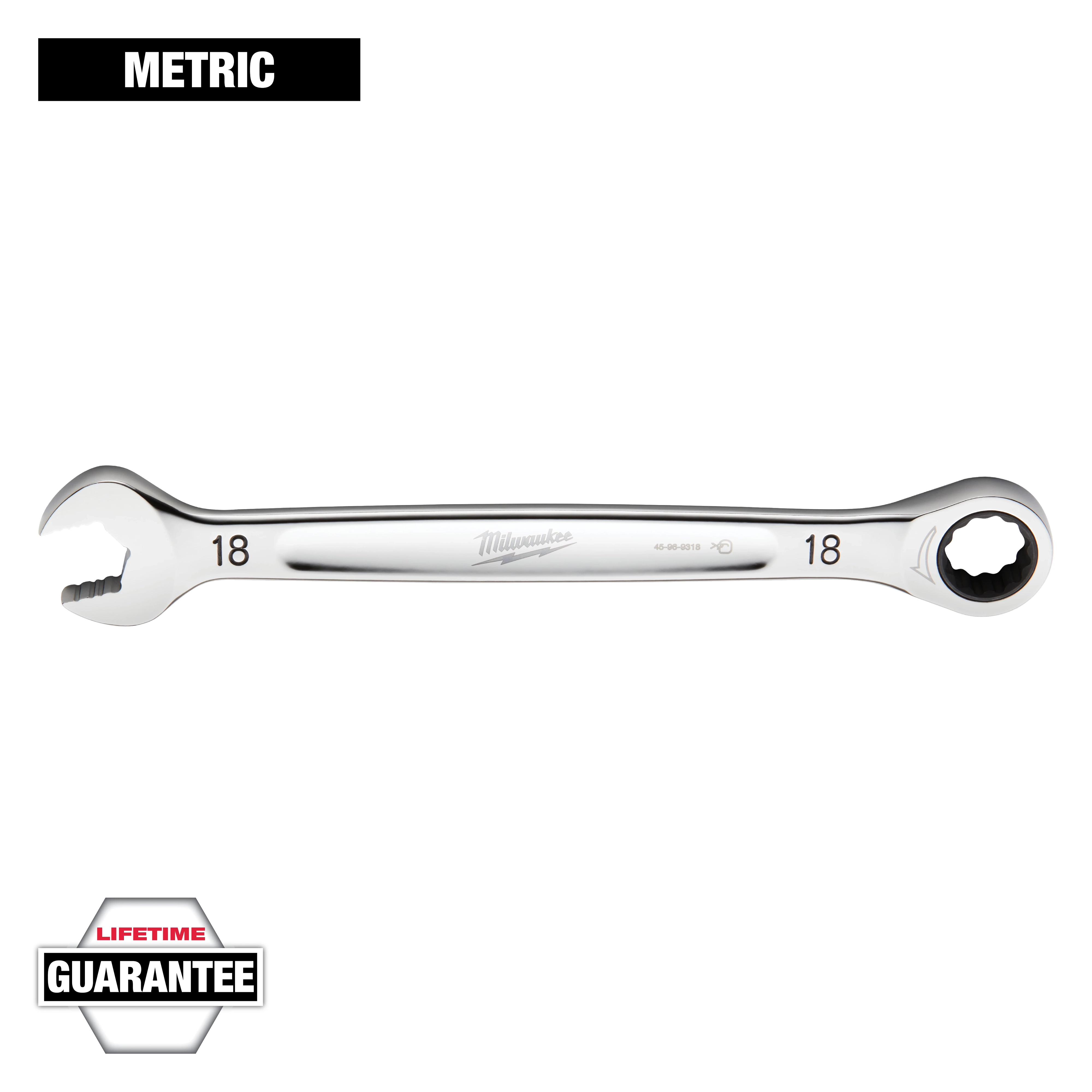 This image shows an 18mm Milwaukee metric wrench with an open-end and a ratcheting box-end. The wrench is silver, and the number 18 is printed on each end. The top left corner says "METRIC" and the bottom left corner shows a "Lifetime Guarantee" badge.