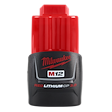 The image shows a Milwaukee M12 REDLITHIUM CP 3.0 battery pack. The battery has a red and black design, with the Milwaukee logo and product name displayed on the front. It is a compact, high-performance Lithium-ion battery.