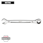 A 13mm Milwaukee combination wrench with an open-end and a ratcheting box-end. The image labels it as a metric tool and highlights a lifetime guarantee.