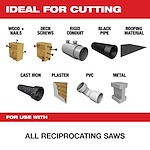 Nitrus Carbide For Use With reciprocating saws is ideal for cutting wood with nails, deck screws, rigid conduit, black pipe, roofing material, cast iron, plaster, PVC, and metal.