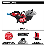 An image showcasing the MX FUEL™ 14" Cut-Off Saw w/ RAPIDSTOP™ Brake kit. The kit includes the saw, a diamond ultra-segmented blade, two MX FUEL™ REDLITHIUM™ FORGE™ XC8.0 battery packs, and an MX FUEL™ Super Charger.