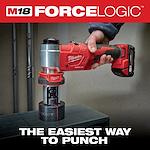 The Milwaukee M18 FORCELOGIC tool is held by a user, positioned above a metal surface, demonstrating its punching capability. The image features bold text stating "THE EASIEST WAY TO PUNCH" and showcases the tool’s efficient performance in an industrial setting.