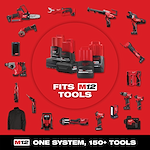 Milwaukee M12 tools and accessories are displayed around a central group of M12 REDLITHIUM battery packs. The image highlights the versatility of the M12 system, which is compatible with over 150 tools. The text reads "Fits M12 Tools" and "One System, 150+ Tools."