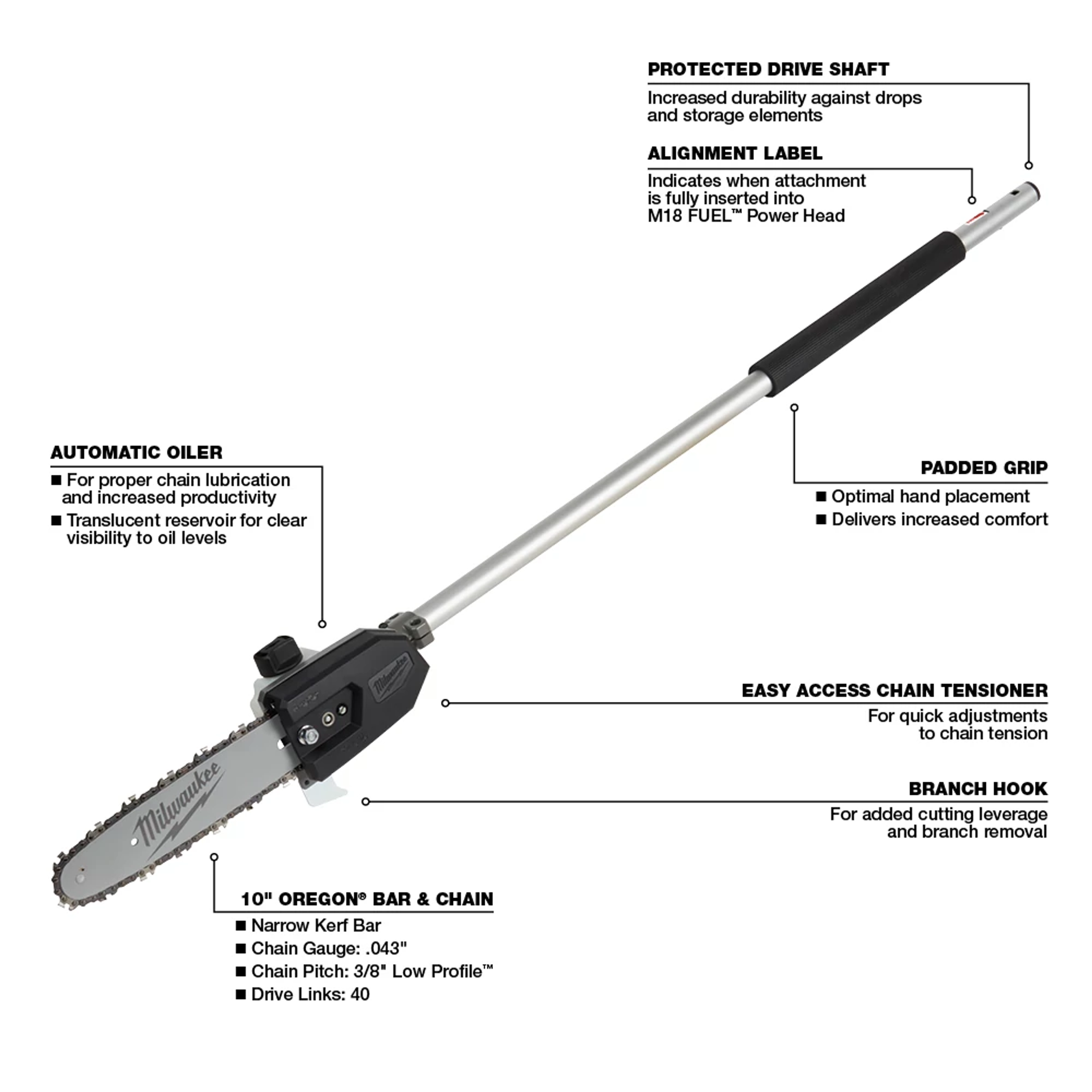 M18 FUEL QUIK-LOK 10" Pole Saw Attachment with a 10" bar and chain, automatic oiler, padded grip, alignment label, and branch hook.