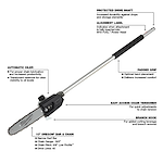 M18 FUEL QUIK-LOK 10" Pole Saw Attachment with a 10" bar and chain, automatic oiler, padded grip, alignment label, and branch hook.