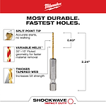 The SHOCKWAVE 1/16 in. Titanium Twist Drill Bit features a split point tip for accurate starts, a variable helix for faster material removal, and a thicker tapered web for increased bit strength. The bit measures 0.63 inches in width and 2.24 inches in length.
