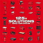 Milwaukee PACKOUT™ Build Your System offers over 125 modular storage solutions, including boxes, bags, and various tool organizers, arranged on a red background. The text "125+ SOLUTIONS BUILD YOUR SYSTEM" is centrally displayed.