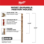 The 13/64 in. Cobalt Red Helix Drill Bit features a Quad Edge tip, Variable Helix fluted geometry for faster material removal, Thicker Tapered Web for increased bit strength, and 3 Flat Secure-Grip to prevent slipping. Dimensions are 2.44 inches and 3.62 inches. The product claims durability and faster holes.