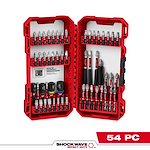 The image features the SHOCKWAVE™ Impact Duty Driver Bit Set - 54PC, displayed in a red plastic case. It contains various driver bits and socket adapters, neatly organized in rows on each side of the open case. The set is designed for heavy-duty impact applications.