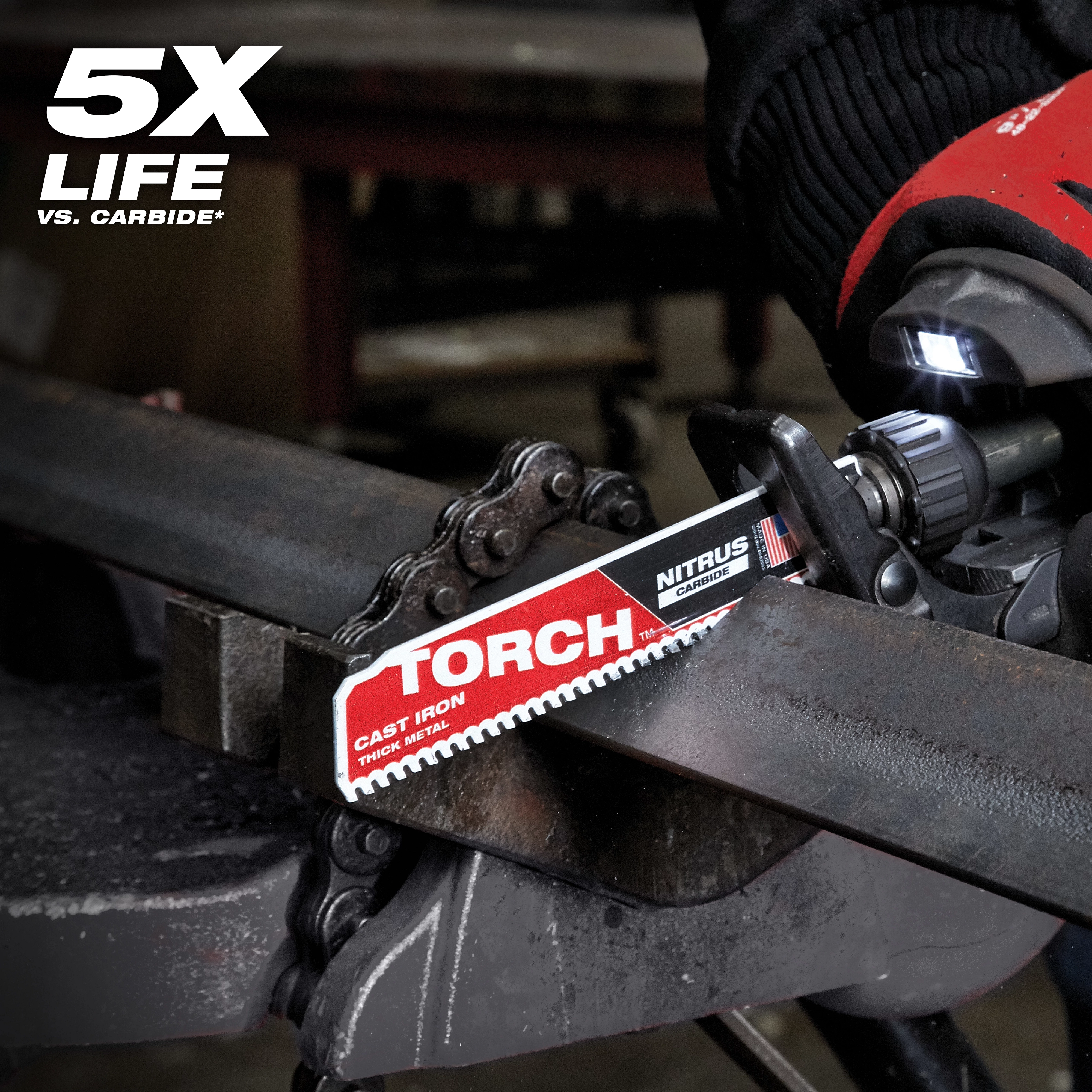Nitrus Carbide Life Claim TORCH saw blade cutting through thick metal. The blade sits in a machine, held by a gloved hand. Text in the top left corner indicates "5X LIFE." The product is designed for cast iron and thick metal.